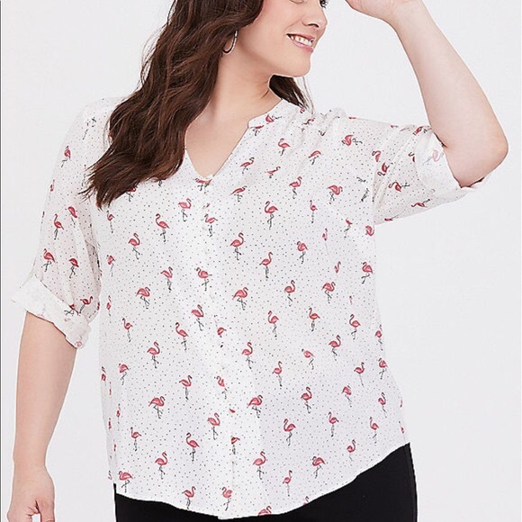 torrid Tops - Torrid Harper Flamingo Dot Button Challis Blouse